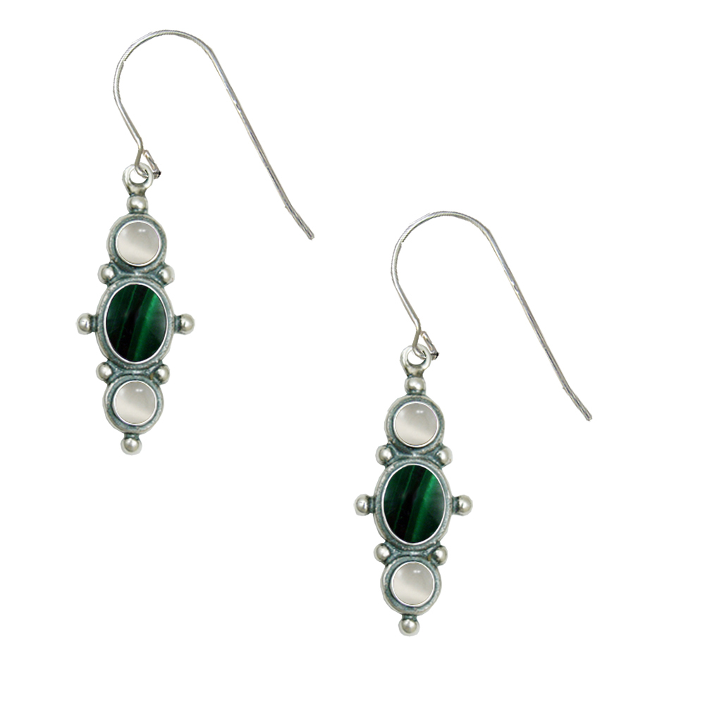 Sterling Silver Drop Dangle Earrings With Malachite And White Moonstone